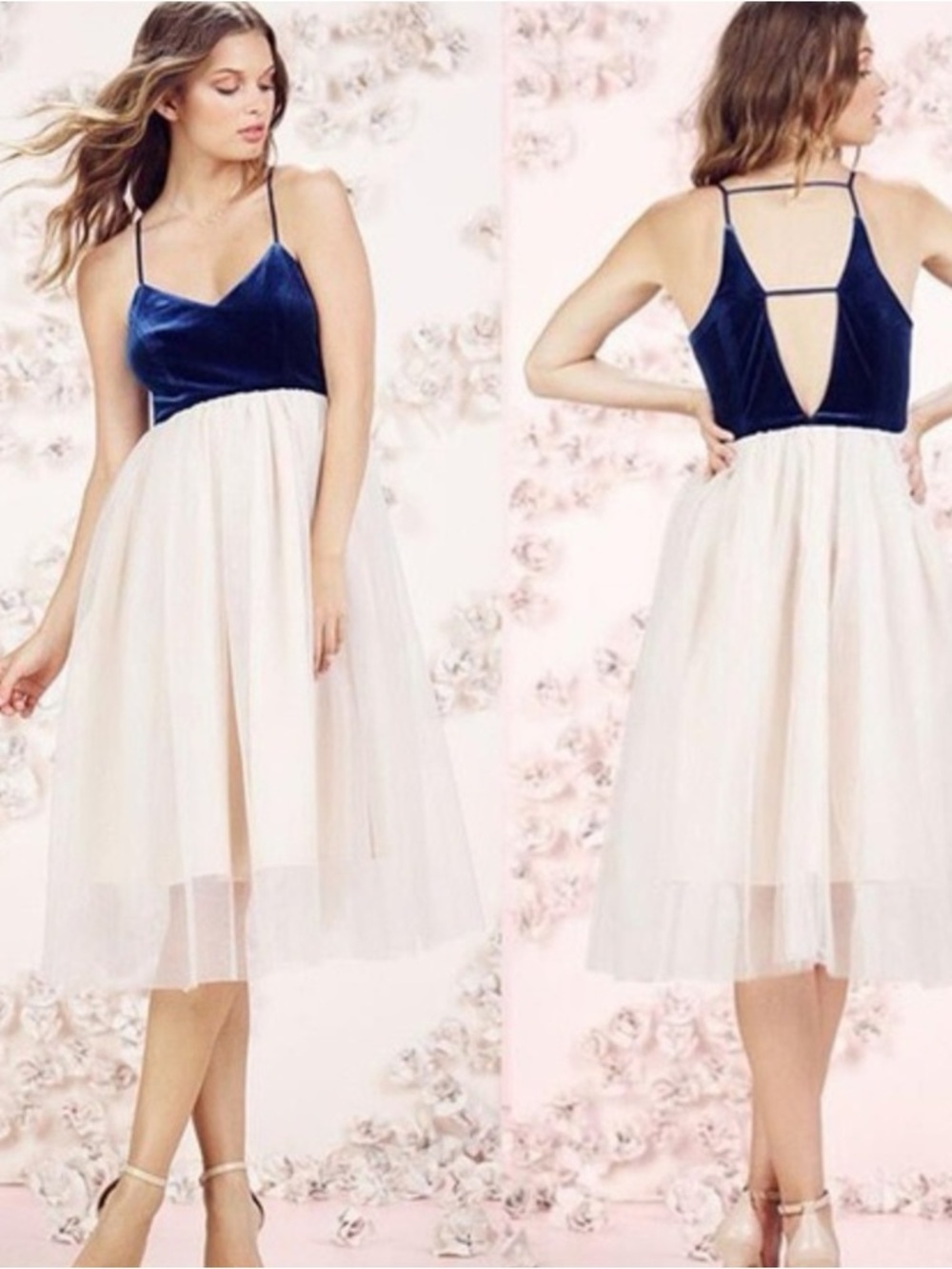 LC Lauren Conrad Navy Velvet Bodice Cream Pink Tulle Midi Dress
